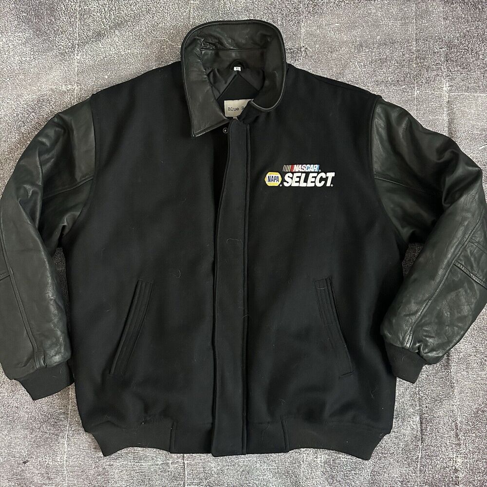 Men's Vintage NAPA Select NASCAR Black Leather Wool Varsity Bomber Jacket Sz XL